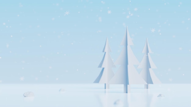 Árvore de natal 3d com queda de neve. fundo de paisagem de inverno para feliz natal e feliz ano novo presentation.3d ilustração de renderização.