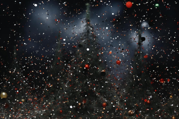 Foto Árvore de natal abstrata com neve caindo e flocos de neve em fundo preto