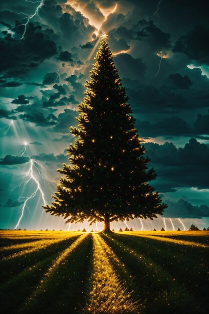 Foto Árvore de natal brilhante em um grande campo com nuvens escuras e relâmpagos no papel de parede do céu xmas