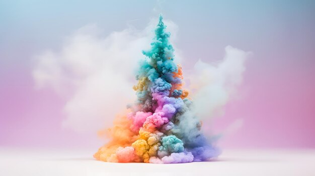 Foto Árvore de natal cercada por fumaça colorida em vários tons em fundo pastel feliz ano novo