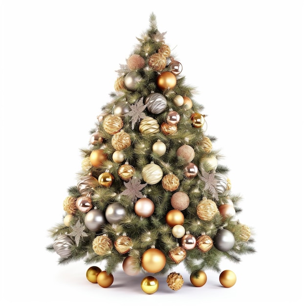 árvore de natal com bolas douradas e vermelhas isoladas em branco