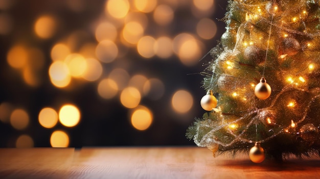 Foto Árvore de natal com bolas e luzes brilhantes borradas no estilo bokeh