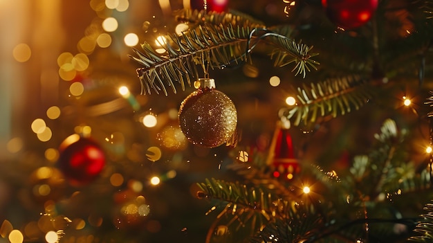 Árvore de Natal com bolas vintage e luzes douradas em close-up Modern decorado chri Generative AI