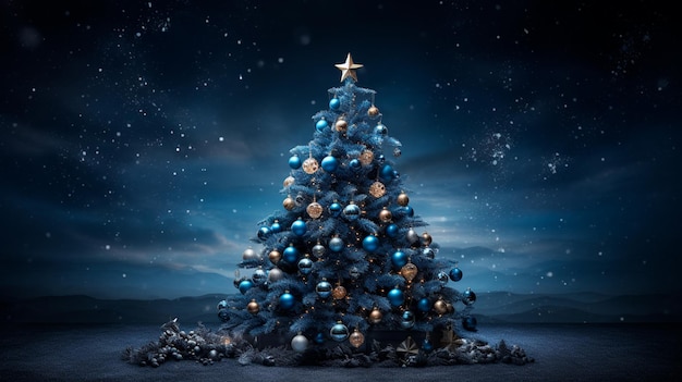 Foto Árvore de natal com brinquedos azuis e prateados no fundo escuro com cartão de férias de luzes bokeh