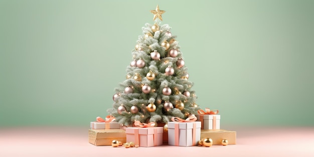 Árvore de Natal com caixa de presente no canto em um espaço de cópia de fundo pastel
