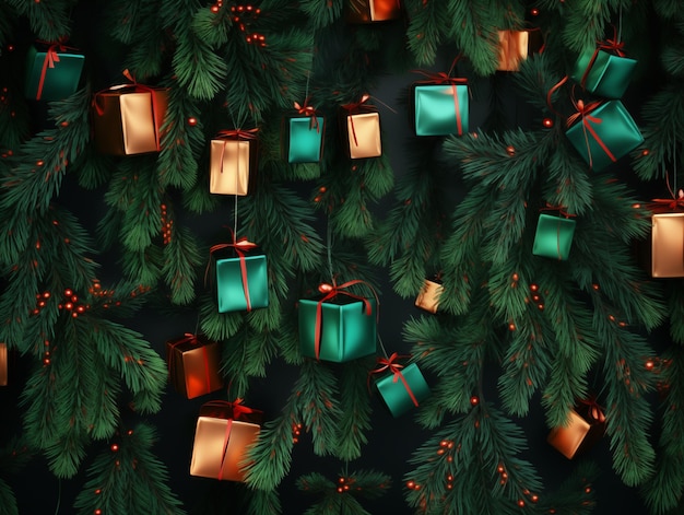 Árvore de natal com caixa de presentes colorida pendurada bcakground