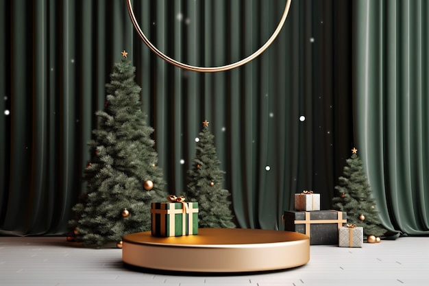 Árvore de Natal com caixas de presente Pódio de exibição de produtos de luxo com pinho AI gerado