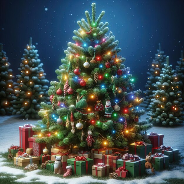 Foto Árvore de natal com caixas de presente vermelhas decoração para feliz ano novo e conceito de natal