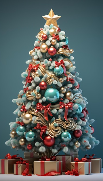 Árvore de Natal com caixas de presentes em fundo verde renderização 3D