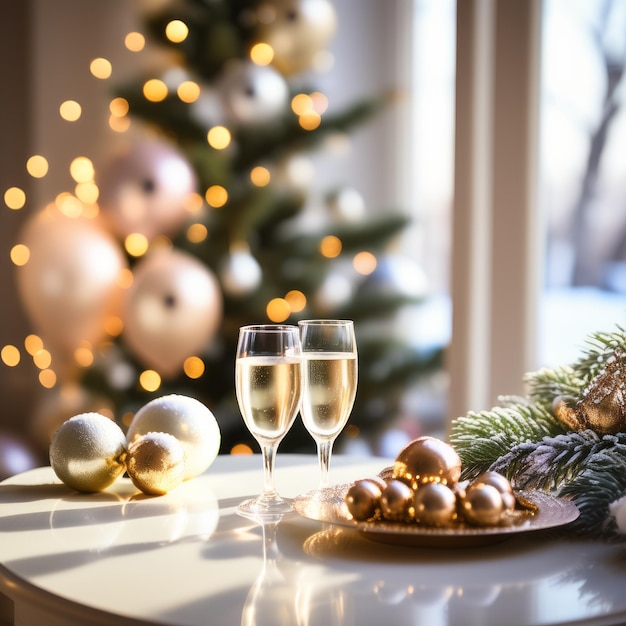 árvore de natal com champanhe e presentes na mesa na sala de estar espaço para texto árvore de Natal