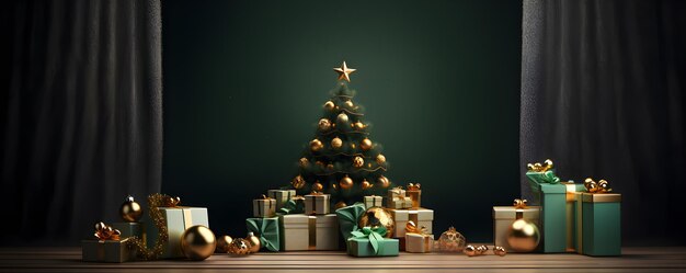 Foto Árvore de natal com decoração de presentes de natal no chão parede verde sala de fundo ai gerar