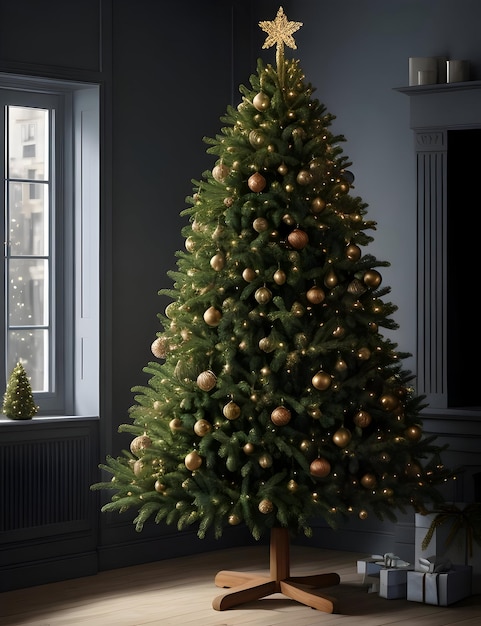 Árvore de Natal com decorações de ouro na sala de estar 3d renderinggenerado con ia