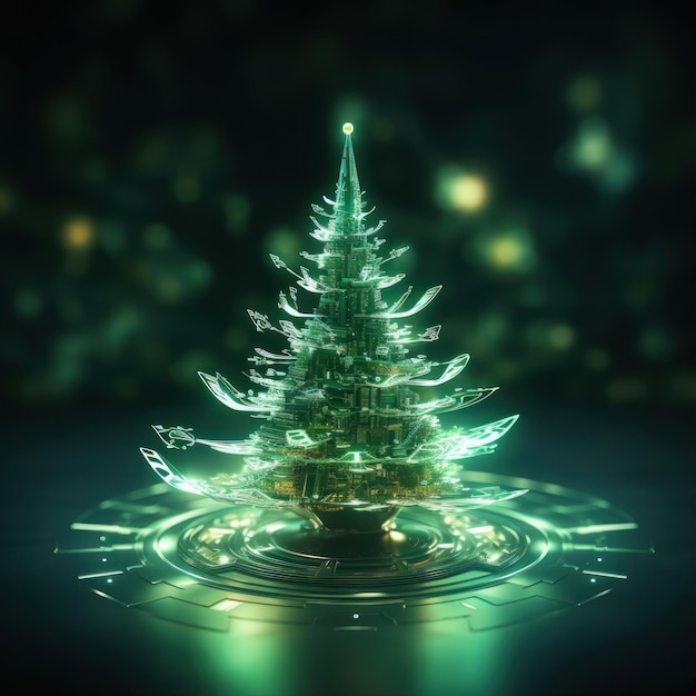 árvore de Natal com efeito bokeh em fundo escuro ilustração 3D