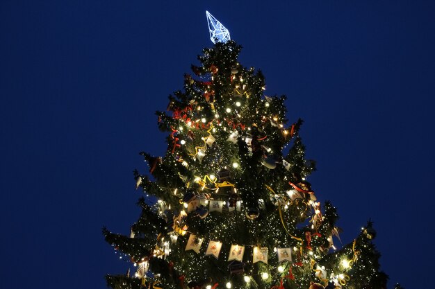 Árvore de natal com luzes e guirlandas no céu azul profundo