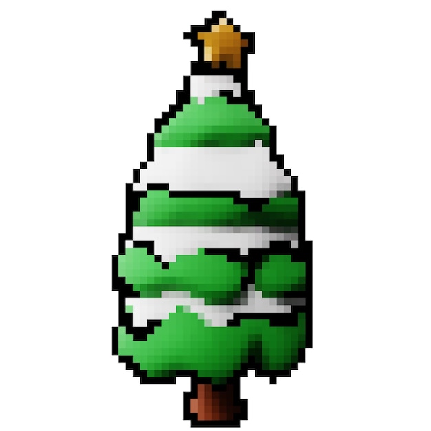 Árvore de Natal com neve 3d Desenho animado pixelado Tema de enfeite de decoração de Natal