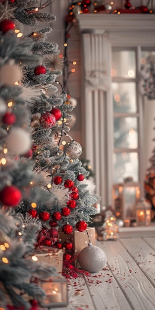 Foto Árvore de natal com ornamentos vermelhos e prateados e um fundo branco