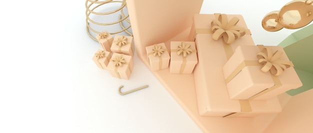 Árvore de natal com pequena casa bola esfera dourada, uma caixa de presente e um fundo branco. renderização 3d