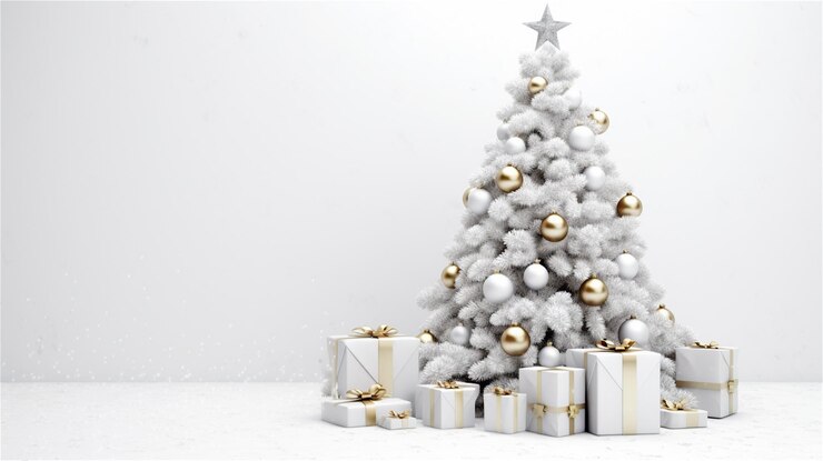 Foto árvore de natal com presentes na frente de uma parede branca renderização 3d