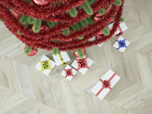 Árvore de natal com presentes na sala com paredes brancas e janela e sofá