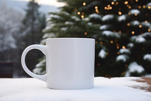 Foto Árvore de natal com xícara branca em branco