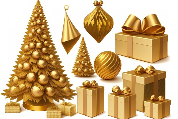 Árvore de Natal decorada a ouro com bolas artificiais