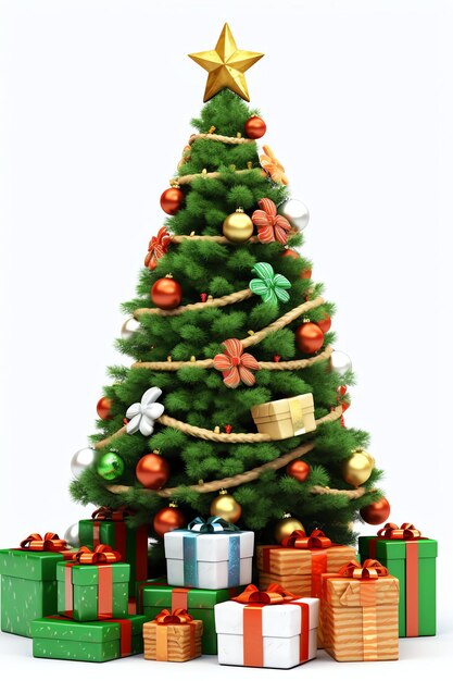 Foto Árvore de natal decorada com luz e caixas de presentes em fundo branco ano novo e feliz natal