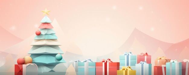 Foto Árvore de natal decorada com presentes ilustração panorâmica de cartão de saudação generative ai