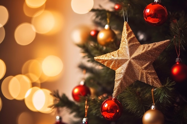 Foto Árvore de natal decorada com uma estrela em fundo desfocado