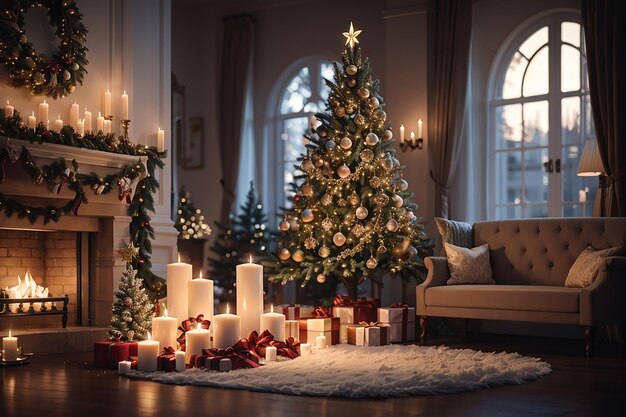 Foto Árvore de natal decorada em frente à lareira com várias velas pronto para