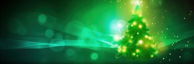 Foto Árvore de natal decorada por luzes brilhantes mágicas com um lugar para o texto em um banner de fundo verde