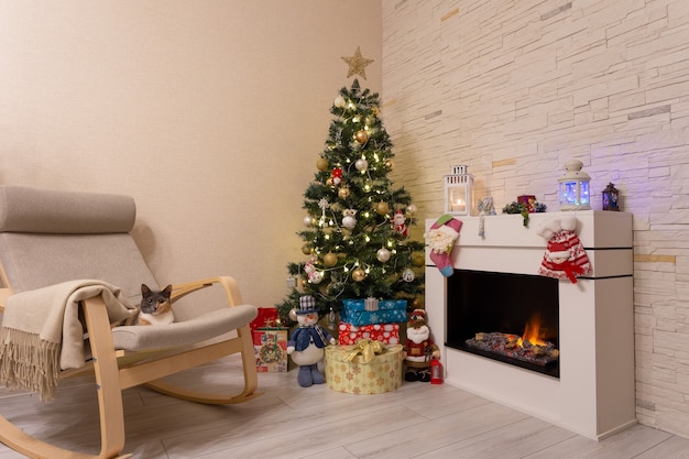 Árvore de natal decorada, presentes em caixas, um gato em uma cadeira perto da lareira