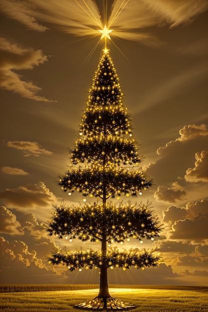 Foto Árvore de natal dourada com banner de papel de parede de luzes brilhantes xmas