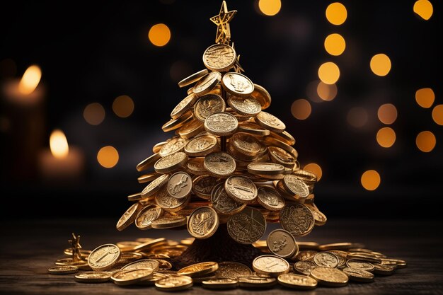 Foto Árvore de natal dourada e brilhante com moedas