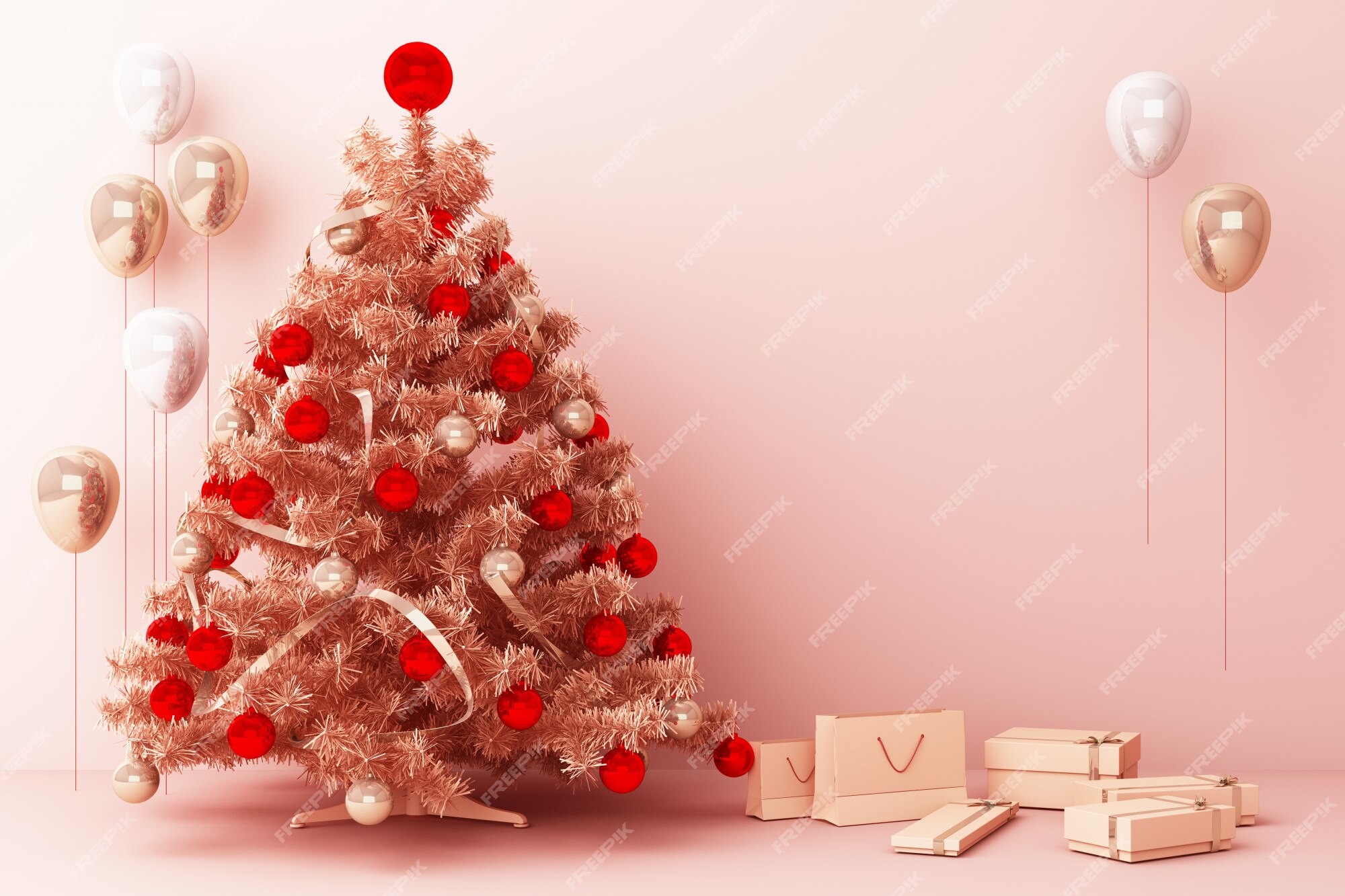 Árvore de natal e balão de ouro rosa com decorações e caixas de presente para feliz natal renderização em 3d | Foto Premium Árvore de natal e balão de ouro rosa com decorações e caixas de presente para feliz natal renderização em 3d | Foto Premium