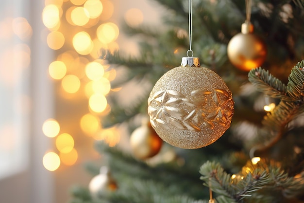 Árvore de Natal e bolas de Natal douradas em fundo abstrato com bokeh