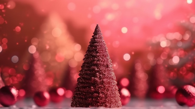 Árvore de Natal e bolas de Natal vermelhas em fundo abstrato com bokeh