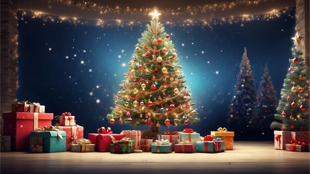 árvore de Natal e caixas de presentes