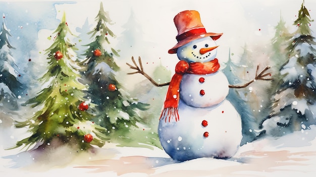 Árvore de Natal e estilo de aquarela do Homem de Neve