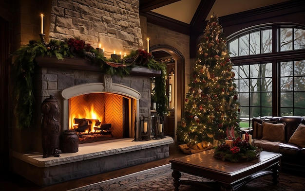 Foto Árvore de natal e presentes de ano novo em um interior aconchegante com um sofá e lareira junto à janela