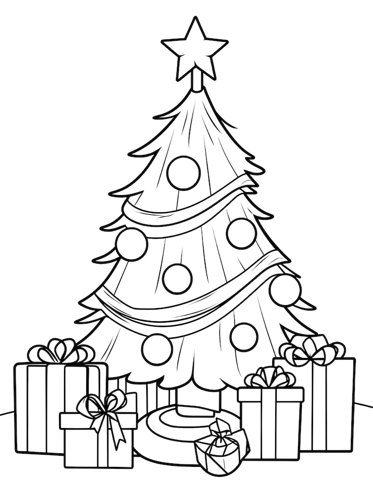 Foto árvore de natal e presentes para colorir página para crianças