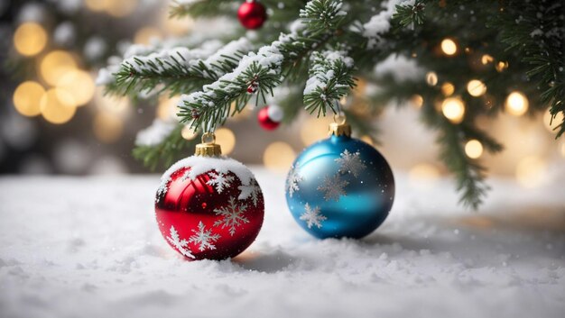 Foto Árvore de natal em close-up decorada com bolas vermelhas e azuis