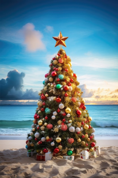 Foto Árvore de natal em uma praia tropical com vista para o oceano ao pôr do sol