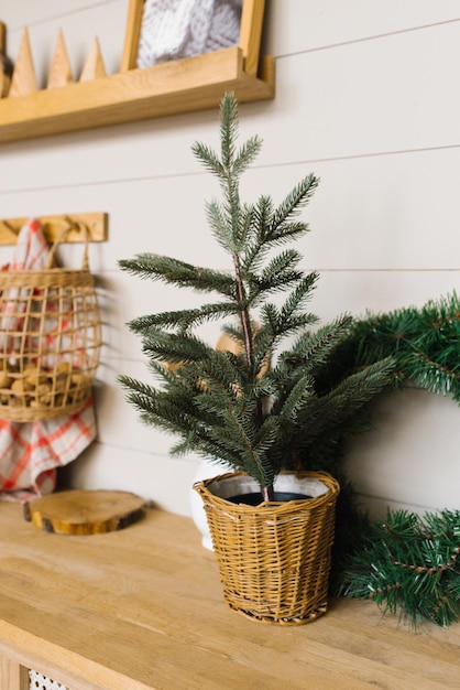Árvore de Natal em vaso de vime na cozinha escandinava