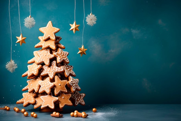 Árvore de Natal feita de estrelas de pão de gengibre em fundo azul Copiar espaço