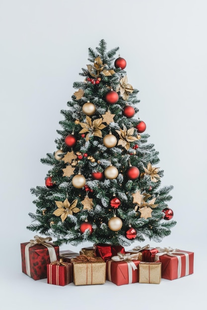 Árvore de Natal festivamente decorada com ornamentos vermelhos e dourados com presentes embrulhados debaixo sobre um fundo branco