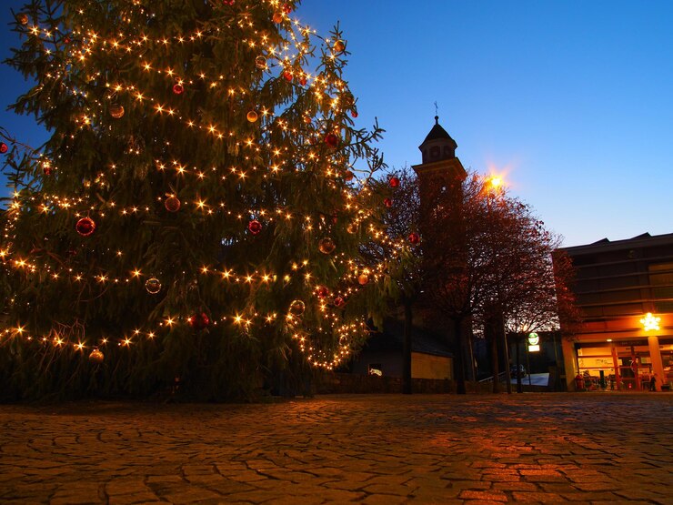 Foto árvore de natal iluminada à noite
