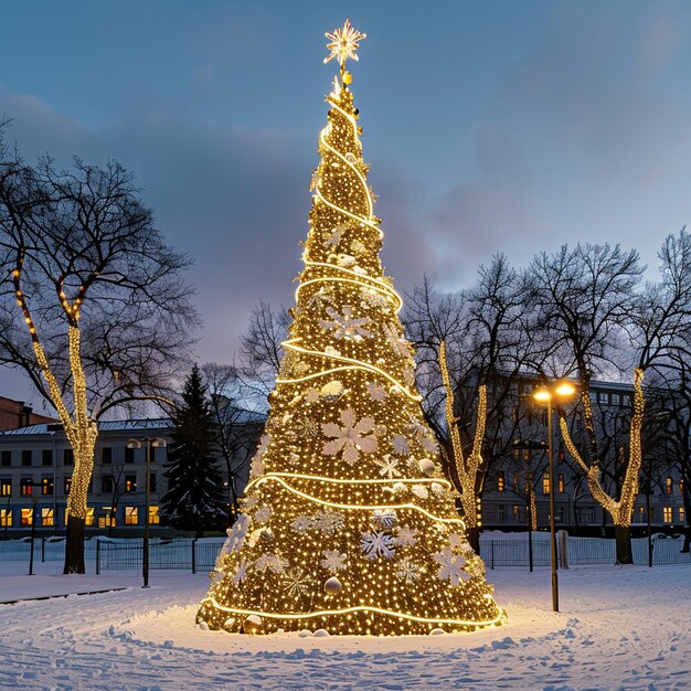 Foto Árvore de natal iluminada em snowy park