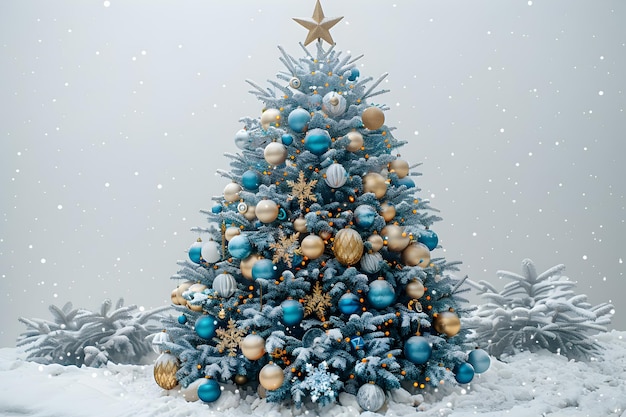 Árvore de Natal lindamente decorada com ornamentos azuis e dourados num país das maravilhas do inverno nevado