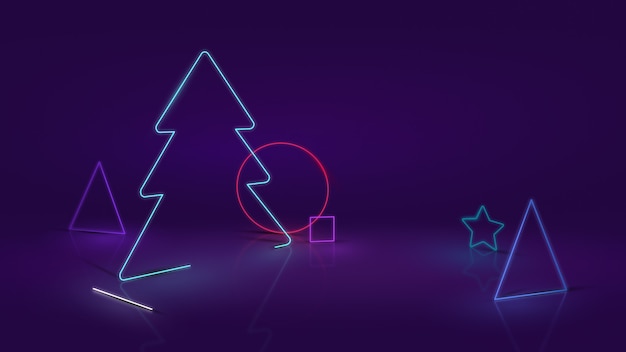 Foto Árvore de natal moderna e formas abstratas em neon ou efeito led