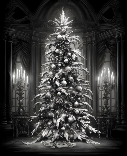 Foto Árvore de natal preta e branca em torno dos candelabros do interior da velha casa árvore de nadal como um símbolo do natal do nascimento do salvador